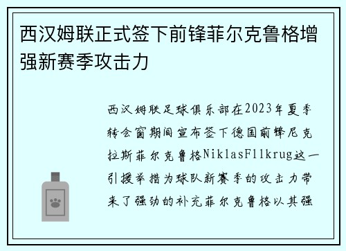西汉姆联正式签下前锋菲尔克鲁格增强新赛季攻击力